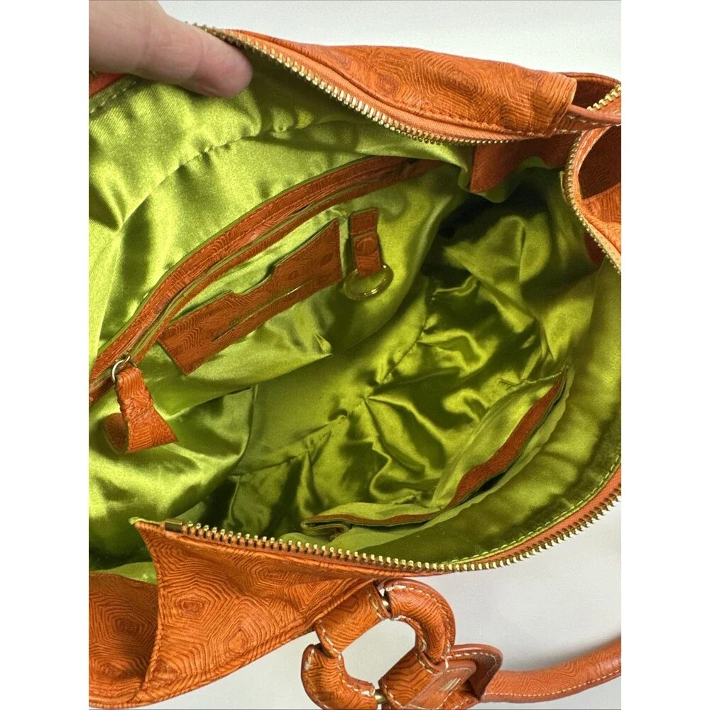 David And Scotti Handbag Double Shoulder Straps Orange Leather Printed Medium
